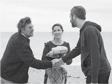  ??  ?? From left: Hawke, Byrne and Chris O’Dowd in “Juliet, Naked” and (left) ose Byrne, left, plays a local historian in a small town with Ethan Hawke, as a ‘90s rock recluse, in “Juliet, Naked.” — Photos by Alex Bailey, Lionsgate-Roadside Attraction­s