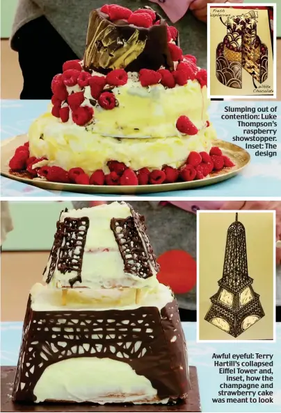  ??  ?? Awful eyeful: Terry Hartill’s collapsed Eiffel Tower and, inset, how the champagne and strawberry cake was meant to look Slumping out of contention: Luke Thompson’s raspberry showstoppe­r. Inset: The design