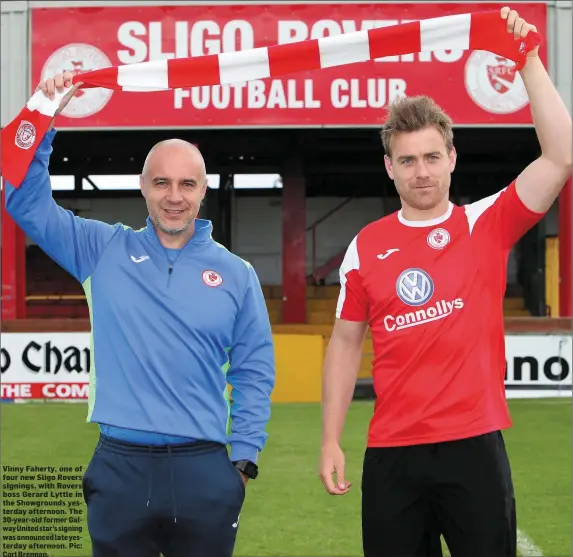  ??  ?? Vinny Faherty, one of four new Sligo Rovers signings, with Rovers boss Gerard Lyttle in the Showground­s yesterday afternoon. The 30-year-old former Galway United star’s signing was announced late yesterday afternoon. Pic: Carl Brennan.