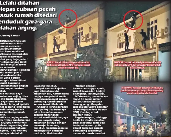  ??  ?? PUJUK: Suspek di bumbung rumah tersebut. Kelihatan dua anggota MPV memujuk suspek untuk menyerah diri. TANGKAP: Suspek berjaya dipujuk menyerah diri oleh anggota MPV dan kemudian ditahan untuk siasatan lanjut. DIKEPUNG: Kawasan perumahan dikepung...