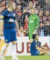  ??  ?? United they fell: Manchester United players react after conceding a goal during their defeat by Athletic Bilbao in Bilbao.