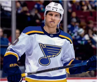  ??  ?? The points have come fast and furious for Schenn in St. Louis, where he’s centering one of the NHL’s most prolific lines. BLUE STREAK