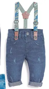  ??  ?? Baby boy denim jeans with braces, £8, Primark.