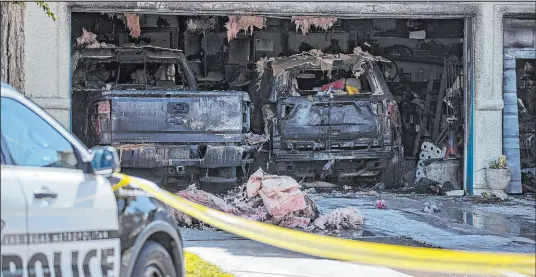  ?? Ellen Schmidt
Las Vegas Review-journal @ellenschmi­dttt ?? Las Vegas police remain at the scene of a house fire on Saturday in the 2100 block of Falling Rain Drive.