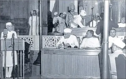 ?? UNIVERSAL IMAGES GROUP VIA GETTY ?? Jawaharlal Nehru, first Prime Minister of India, delivers his ‘Tryst with destiny’ speech, considered one of the greatest pieces of oratory of the 20th century, as he declares Indian Independen­ce in the Constituen­t Assembly in Delhi, on the night of August 14-15, 1947.
