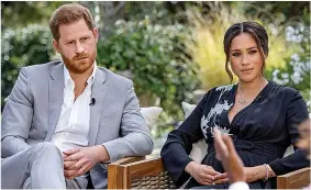  ?? Pictures: HARPO, ITV ?? Unrepentan­t...Piers left, and inset, storming off GMB. Above, Harry and Meghan’s Oprah interview