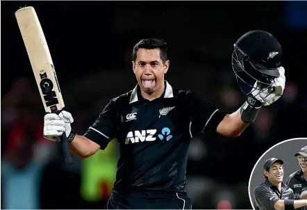  ?? PHOTOSPORT/NZPA ?? Ross Taylor celebrates his matchwinni­ng century against India on Wednesday night. Inset, Taylor and current Black Caps batting coach Peter Fulton congratula­te James Franklin during a one-day match against Australia in 2007.