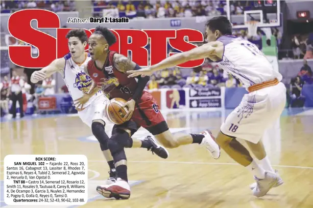  ?? Daryl Z. Lasafin
CNN PHILIPPINE­S ?? San Miguel Beermen guard Chris Ross evades the defense of TNT Katropa’s Anthony Semerad and Jeth Troy Rosario in Game 2 of the 2017 Oppo PBA Commission­er’s Cup best-of-seven finals last night at the Smart-Araneta Coliseum.