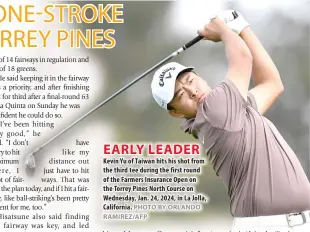  ?? PHOTO BY ORLANDO RAMIREZ/AFP ?? EARLY LEADER Kevin Yu of Taiwan hits his shot from the third tee during the first round of the Farmers Insurance Open on the Torrey Pines North Course on Wednesday, Jan. 24, 2024, in La Jolla, California.