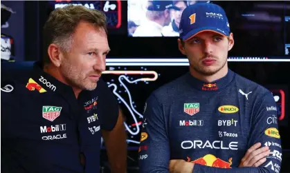  ?? Photograph: Mark Thompson/Getty Images ?? Christian Horner (left) and Max Verstappen. Red Bull’s principal has dismissed the idea the FIA could strip the Dutch driver of the 2021 world title.