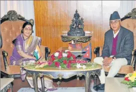  ?? COURTESY: INDIAN EMBASSY, KATHMANDU ?? External affairs minister Sushma Swaraj with Nepal Prime Minister Sher Bahadur Deuba in Kathmandu on Friday. Swaraj earlier met CPN (Maoist Centre) leader, Prachanda.