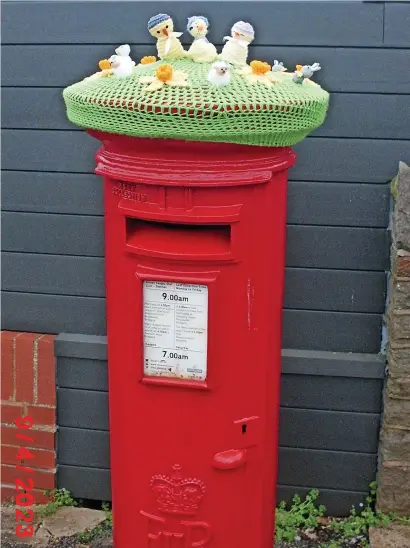  ?? ?? Some kind person has placed this very pretty crocheted hat on the post box in Oaklands with lots of little chicks on top. It has given a lot of residents pleasure, so hope they have enjoyed Easter.