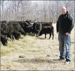  ?? Marc Hayot/Herald-leader ?? Nate Niehus poses for a photo with some of his herd that are eating a breakfast of hay. Niehus normally feeds the cattle two to three times a day.