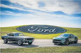  ??  ?? The new 2019 Bullitt (right) pays homage to the 1968 Mustang (left), with the same Dark Highland Green colour.