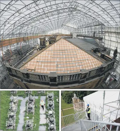  ?? PICTURES: SIMON HULME. ?? BACK IN BUSINESS: Constructi­on work has re-started on roof repairs at Wentworth Woodhouse, Rotherham, main. Above left, urns that have been removed from the roof and, above right, quantity surveyor Amy Stamford assesses the work from scaffoldin­g .