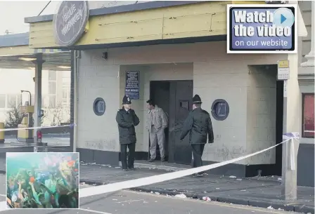  ??  ?? The scene outside the Blue Monkey in Bedford Street, as a murder inquiry got under way in January 1992. Inset, the crowded venue.