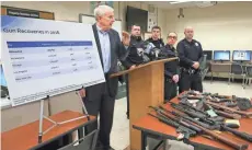  ?? MICHAEL SEARS / MILWAUKEE JOURNAL SENTINEL ?? Milwaukee Mayor Tom Barrett displays a chart on seized guns at a news conference at the Milwaukee Police Department's District 7.