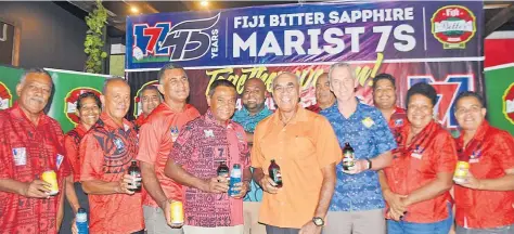  ?? Picture: SOPHIE RALULU ?? Marist Rugby Club president Lawrence Tikaram (fourth from left), Paradise Beverages Ltd general manager Mike Spence, Paradise Beverages Fiji general manager sales and corporate affairs Joseph Rodan Sr and MRC committee members during the launch of the 2021 Fiji Bitter Sapphire Marist 7s tournament on Wednesday.