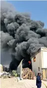  ??  ?? Fire rages on at a furniture factory in Ajman’s Al Jarf Industrial Area on Monday.