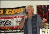  ?? DAN REIDEL — ENTERPRISE-RECORD FILE ?? Silver Dollar Speedway operator and promoter Dennis Gage previews the upcoming season during a luncheon March 31, 2016, in Chico.