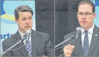  ?? FILE PHOTOS ?? The two candidates for the leadership of the Progressiv­e Conservati­ve Party of P.E.I. are shown during a recent debate. MLAs Brad Trivers, left and James Aylward, are making final efforts to attract votes with the winner being declared next Friday in...