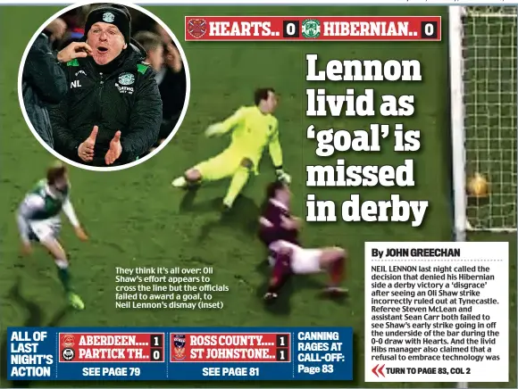  ??  ?? They think it’s all over: Oli Shaw’s effort appears to cross the line but the officials failed to award a goal, to Neil Lennon’s dismay (inset)