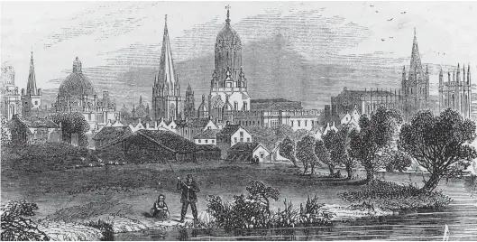  ??  ?? A vista of Oxford as experience­d by those arriving by train at the short-lived Grandpont terminus. This lithograph was entitled ‘Oxford from the meadows, near the railway station’ and published in George Measom’s Great Western Railway in 1850. The lines leading into the terminus were on west side and in parallel with Abingdon Road, the station being a little south of the then relatively recently-built Folly Bridge. This scene is just upstream of there, from the towpath alongside the River Thames or Isis and looking north-east. The impressive spire of St Aldates church is immediatel­y above the fishermen – it dates from the 13th century and would be entirely rebuilt in 1873 – with the various buildings of Christ Church College and Cathedral to its right, and Pembroke College to the left. Although a city of great beauty and history, the railway to Oxford was open for around six years before its delights were first experience­d by railway excursioni­sts.