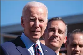  ?? DAVID CRANE — LOS ANGELES DAILY NEWS ?? Former Vice President Joe Biden speaks at a press conference at the United Firefighte­rs of Los Angeles Friday, January 10, 2020as Los Angeles mayor Eric Garcetti looks on. The United Firefighte­rs have a announced their support for Biden.