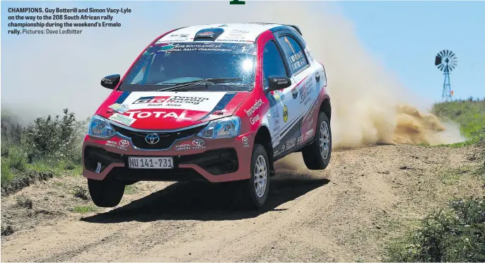  ?? Pictures: Dave Ledbitter ?? CHAMPIONS. Guy Botterill and Simon Vacy-Lyle on the way to the 208 South African rally championsh­ip during the weekend’s Ermelo rally.