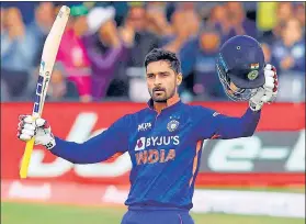  ?? AFP ?? India's Deepak Hooda celebrates his century during the second T20 Internatio­nal against Ireland at the Malahide cricket club, in Dublin on Tuesday.