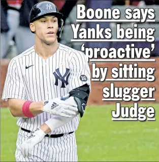  ??  ?? GET SOME REST: Aaron Boone sat Aaron Judge on Sunday partly because of a looming trip to Tampa Bay’s turf field. Judge drew a walk as a pinch hitter in the ninth inning.