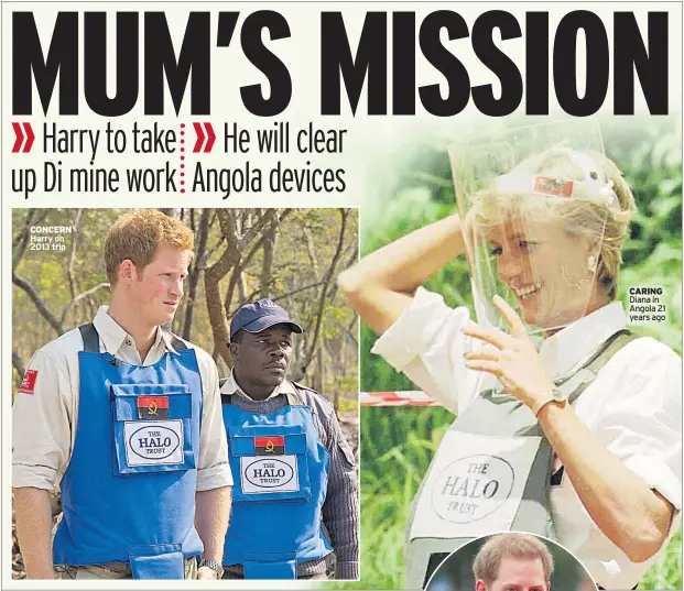  ??  ?? CONCERN Harry on 2013 trip CARING Diana in Angola 21 years ago