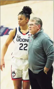  ?? David Butler II / USA TODAY ?? UConn coach Geno Auriemma talks with guard Evina Westbrook (22) during a win over Seton Hall earlier this month.