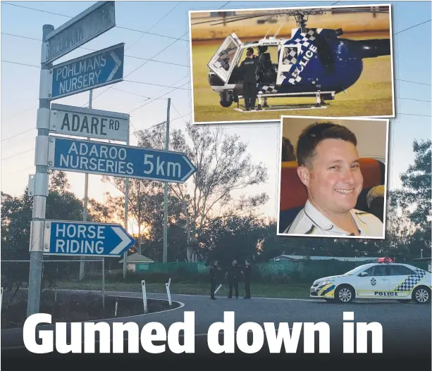  ??  ?? Police stand guard in the exclusion zone in the Lockyer Valley where Rick Maddison, right, was holed up after shooting dead police officer Brett Forte (inset). He was also believed to have opened fire on a PolAir chopper (inset top).