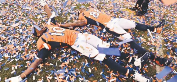  ?? John Leyba, Denver Post file ?? Wide receivers Emmanuel Sanders (10) and Demaryius Thomas celebrate after helping the Broncos wrap up the 2015 season with a win in Super Bowl 50.