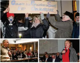  ??  ?? Jeudi soir à la salle des fêtes de Gargenvill­e. En haut : les opposants présents comme à chaque conseil communauta­ire de GPS & O. En bas, à g., Renaud Maggion, le responsabl­e du projet Calcia, à d. Dominique Pélegrin, la présidente de l’AVL3C.