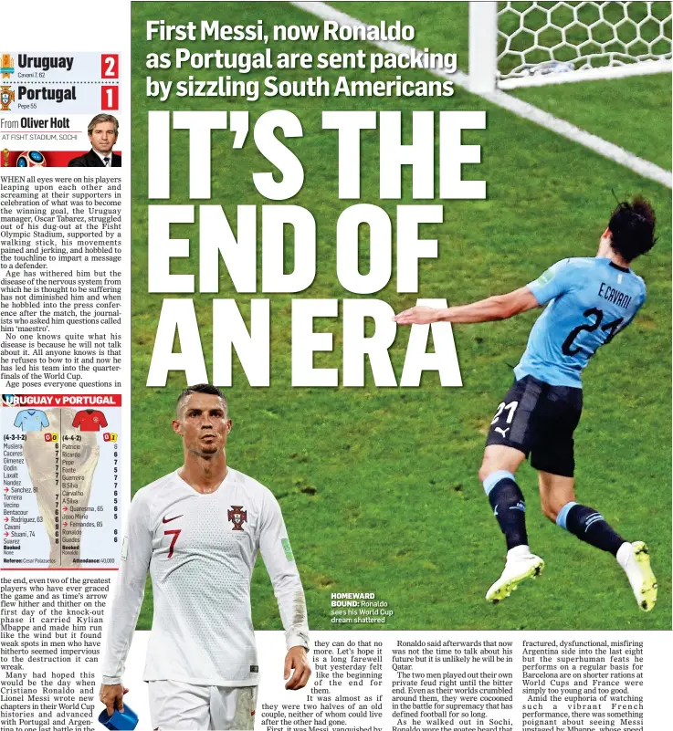  ??  ?? HOMEWARDBO­UND: Ronaldo sees his World Cup dream shattered