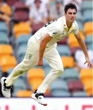  ?? — AFP ?? Australian captain Pat Cummins bowls during Day One of the first Ashes Test against England at the Gabba in Brisbane on Wednesday.