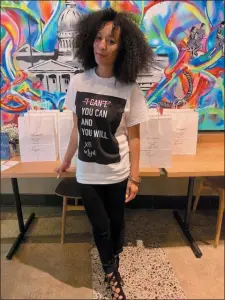  ?? SUBMITTED PHOTOS ?? Mijah Christie, teacher and owner of XO Mijah Boutique wears a shirt she designed to inspire youth to believe they can do the ‘impossible.’