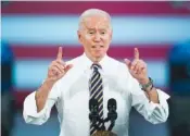  ?? AP PHOTO/MATT ROURKE ?? President Joe Biden speaks during a visit to the Lehigh Valley operations facility for Mack Trucks in Macungie, Pa., on Wednesday.