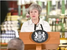  ?? — AFP photo ?? May gives a speech at a factory in Stoke-on-Trent to call on MP’s to support her Brexit bill.