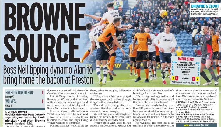  ??  ?? BROWNE & CLOUT Alan Browne sends this effort narrowly wide of the target but he put Preston in front