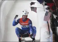  ?? HANS PENNINK - THE ASSOCIATED PRESS ?? Tucker West, of the United States, celebrates his second place finish after his second run of a men’s World Cup luge event in Lake Placid, N.Y., on Sunday, Dec. 1, 2019.