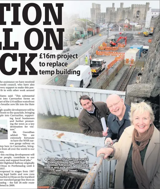  ??  ?? ● WHR director Paul Lewin with Hywel Williams MP and Siân Gwenllian AM at the station site. How it will look when completed next year (inset)