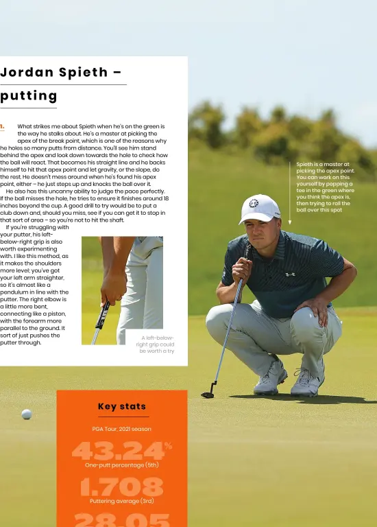  ?? ?? A left-belowright grip could be worth a try
Spieth is a master at picking the apex point. You can work on this yourself by popping a tee in the green where you think the apex is, then trying to roll the ball over this spot
