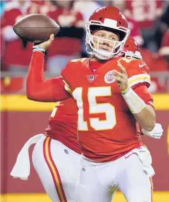  ?? ED ZURGA/AP ?? Former league MVP Patrick Mahomes is completing just 65.2% of his passes with 20 TDs and 10 INTs this season.