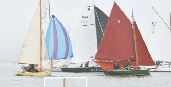  ?? ?? Above: Black Diamond, winner of the classic wooden yachts class within the fleet, crossing the start line
Far left: Maria
Left: Start of second race o  Osea Island
Inset: Essex Melody
Below: Winner of the small smacks class, Kate