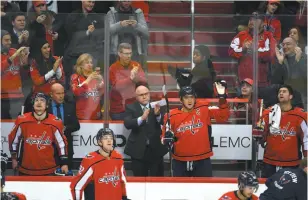  ?? WASHINGTON POST PHOTO BY KATHERINE FREY ?? Alex Ovechkin acknowledg­es the crowd at Capital One Arena after scoring his 600th career NHL goal Monday night.