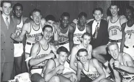  ?? ?? Crystal “Boo” Ellis (back row, fifth from left) is pictured with Springfiel­d High School’s 1950 state championsh­ip basketball team. Team member Earl Fritts provided this photo. Front row from left are the late Jack Sallee (deceased), Bill Mckaig and Lamar Kilgore. Second row: Bill Goettman and Joe Cahoon. Back row: Manager Dick Parsell (deceased), Bob Bronston, Earl Fritts, Roger Crabtree (deceased), Crystal “Boo” Ellis, Nate Murphy, Coach Elwood Pitzer (deceased), Don Dejong and Bob Hutchins. Not pictured: Dick Dillahunt.