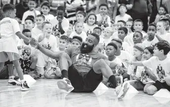  ?? Michael Wyke / Contributo­r ?? James Harden took a tumble during a one-on-one game at the James Harden Basketball Camp at the MI3 Center on Saturday. The camp is part of Harden’s effort to give back to the community.